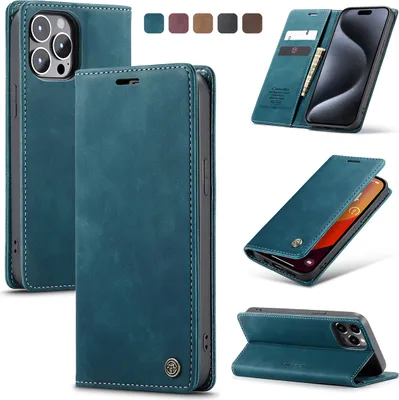 Produktbild von iPhone 15 Pro Hülle, Retro Kunstledertasche Kartenfächer Klapphülle mit Standfunktion Schutzhülle für iPhone 15 Pro Blau