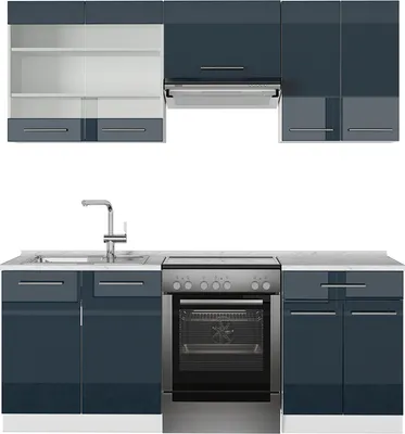 Produktbild von Küchenzeile Vicco Fame-Line Dunkelblau Hochglanz/Weiß 200 cm , AP Marmor, Model 49055