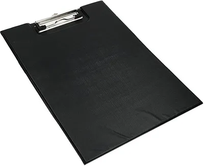 A black clipboard with a silver clip is shown on a white background.