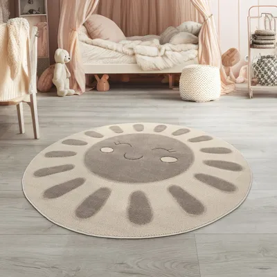 Produktbild von TT Home Kinderteppich Kinderzimmer Teppich Spielteppich Kurzflor Sonne Flauschig 3D Größe 120 cm Rund