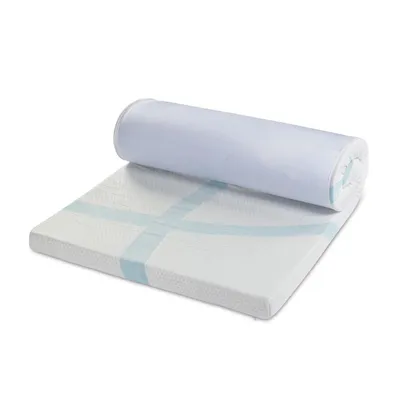 A mattress topper is shown rolled up and partially unrolled on a white background.