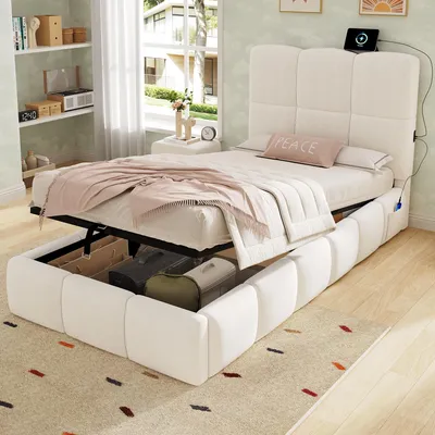 Productafbeelding van Boxspringbed 90 x 200 cm, met hydraulische opbergruimte, USB-aansluiting, Type C-aansluiting, stopcontacten, fluwele bekleding, beige kleur