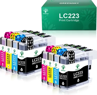 A set of printer ink cartridges and their packaging.