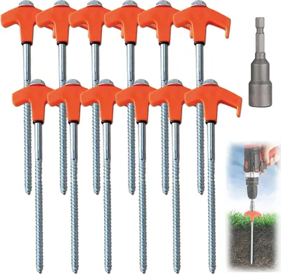 Produktbild von Zeltanker mit Gewinde und Seilhalter - Set von 12 Stück - Für Camping und Zelt - Starke Heringe für harte Böden - Wald/Gras