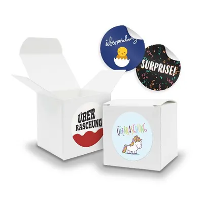 Produktbild von SET Überraschung (Motiv45) 24x Faltschachtel Würfel 6,5cm weiß  + Sticker