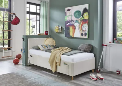 Produktbild von Meise Möbel Kinderbett Cool 90x200 cm | Bettgestell | Kopfteil glatt | Cordstoff Nata | Holzfuß eichefarbig