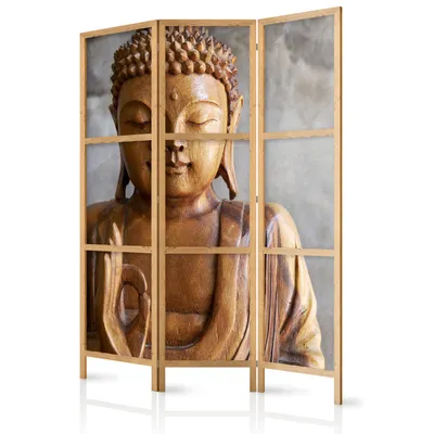 Produktbild von Paravent 135x171 cm 3-teilig einseitig eleganter Sichtschutz Raumteiler Trennwand Raumtrenner Holz Design Motiv Deko Home Office Buddha Botanik Natur b-B-0193-bh-b