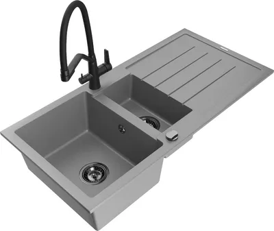 Produktbild von Mexen Andres 1,5-Becken-Granitspüle mit Abtropffläche und Mischbatterie Duo, Grau - 6515-71-671701-70-B