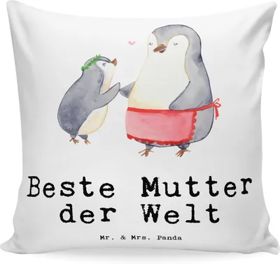 Produktbild von Mr. & Mrs. Panda Kissen 40x40 Pinguin Beste Mutter der Welt - Weiß - Geschenk, zier, Kuschelkissen, Mama, Ma, bedruckt, Sofakissen, Deko, Geschenkidee, Sofa, Muttertag
