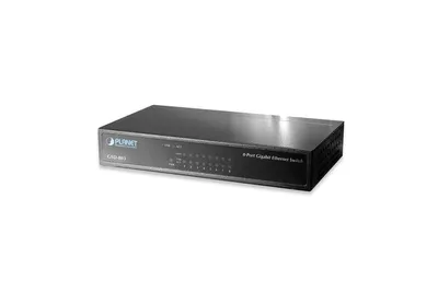 A black network switch is shown against a white background.