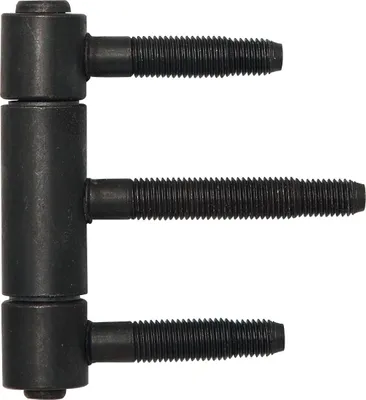 A black metal hinge with three threaded bolts is shown against a white background.