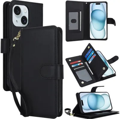 Produktbild von Mobigear Wallet Schutzhülle für iPhone 15, Klapphülle mit Geldbörsenfunktion - Schwarz