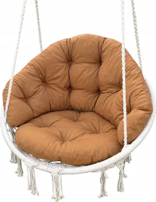 A close-up studio shot of a hanging chair cushion.