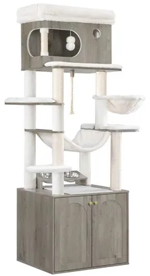 Imagen del producto de Katzenvilla - Árbol para rascar - De tres niveles - Arenero - Dispensador de comida - Plataforma grande - Gris
