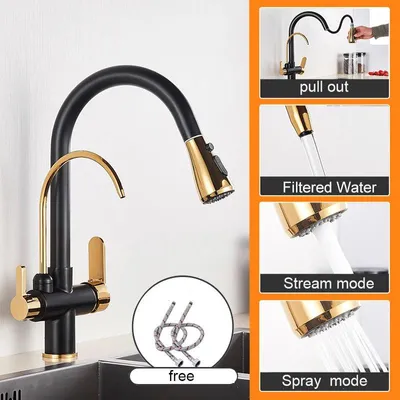 Obrázok produktu pre Kúpeľňová batéria – s výsuvnou výlevkou – s dvoma páčkami – čierna a zlatá