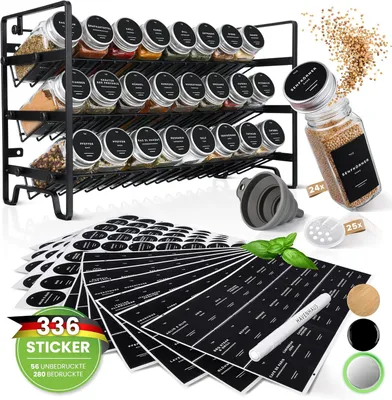 Produktbild von Gewürzregal Set Schwarz | Stehend oder Wandmontage | 24 Gewürzgläser + 336 Gewürzetiketten Deutsch & Accessoires | Modernes Design | Lebensmittelecht