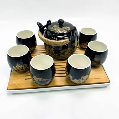 Immagine prodotto di Set da tè giapponese Dujust, set da tè in porcellana nera con 1 teiera, 6 tazze da tè, 1 vassoio per il tè, 1 colino, bellissimo set di teiere asiatiche con tazza per gli amanti del tè (paesaggio in oro)