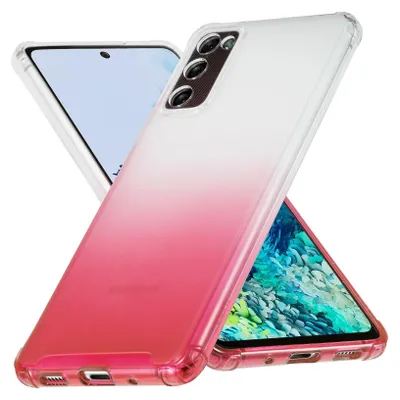 A gradient pink and white phone case is shown diagonally against a white background, with a phone screen visible underneath.