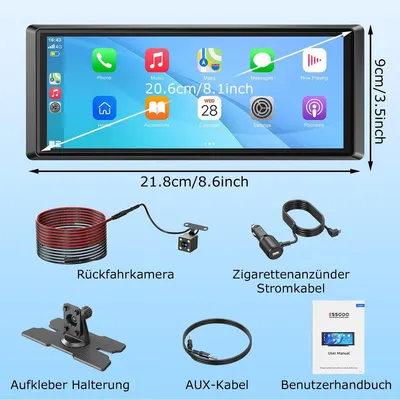 Produktbild von Autoradio Touchscreen 8 Zoll Apple Carplay Android Auto Digital Armaturenbrett mit Bluetooth AUX Radio AM FM Kapazitiv Universal 8-Zoll-CarPlay + Rückfahrkamera