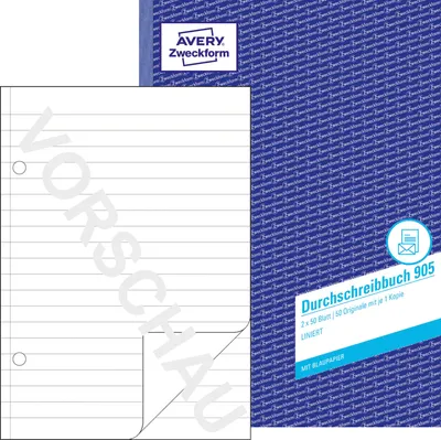 Produktbild von Avery Zweckform 905, Durchschreibbuch, A4, liniert, mit Blaupapier, 2x50 Blatt