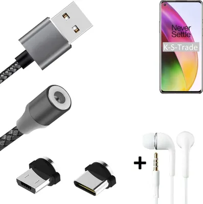 Produktbild von K-S-Trade® Hochwertiges Magnet-Lade-kabel Sync-Kabel Daten-Kabel + Kopfhörer kompatibel mit OnePlus 8 mit USB-Typ-C-Anschluss und