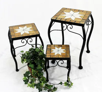Image de DanDiBo : Ensemble de 3 tabourets en forme de fleur, design mosaïque, angulaires, de 21, 28 et 38 cm. Support pour plantes (réf. 12015). Petite table d'appoint, support pour plantes, table mosaïque