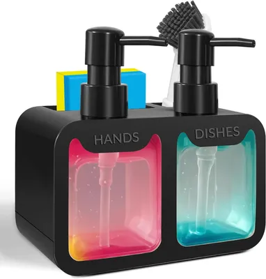 Produktbild von Spender-Set für die Küche, schwarz – Spülmittelspender & Handseifen-Spender mit Schwammhalter und Bürstenhalter – 4-in-1-Organizer für das Spülbecken