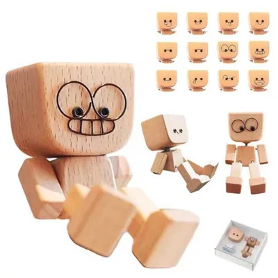 Produktbild von Wackelfigur Auto mit 12 magnetischen Ausdrücken, Holzfigur für Armaturenbrett, 8 cm