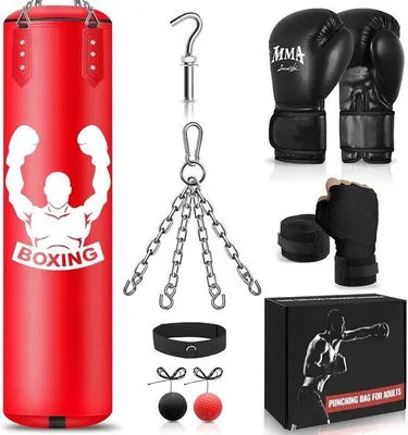 Produktbild von Famanu Boxsackset für Erwachsene - Ungefüllter Boxsack, Reflexball, MMA-Handschuhe und Trainingszubehör