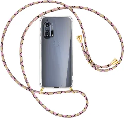 Produktbild von Handykette Backcover-Schutzhülle mit Band (Metall goldfarben) für Motorola Edge Plus - rosa Karo