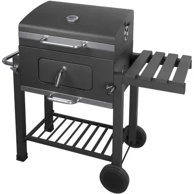 Image de Barbecue au charbon de bois, dimensions une fois monté : 110 x 100 x 46 cm, grille métallique : 58 x 42 cm, grille ronde : 30,5 cm, grille supérieure : 54 x 22 cm, bac à charbon réglable en hauteur : 10-25 cm