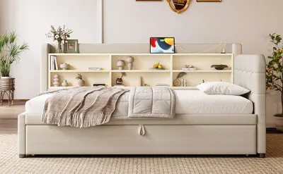 Zdjęcie produktu dla Wielofunkcyjne łóżko dzienne 90x200 z USB+typ C, wysuwanym łóżkiem 180x200, schowkiem, pościelą, beżowo-szare