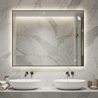 Produktbild von LED Badezimmerspiegel 70x90 cm mit Aluminiumrahmen – Hinterleuchtet, Anti-Beschlag, 3 Lichtfarben (Kaltweiß, Neutralweiß, Warmweiß), stufenlos dimmbar, Memory-Funktion – 5 mm kupferfreier Silberspiegel