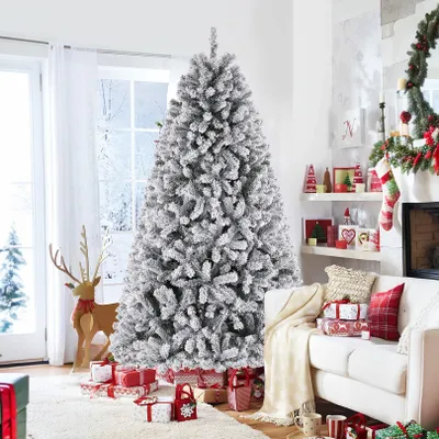 Image de Arbre de Noël artificiel de 183 cm, recouvert de flocons de neige, environ 820 branches, difficilement inflammable, avec un pied en métal pliable. Idéal pour la maison et le bureau