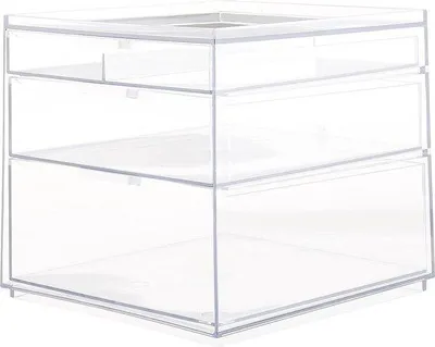 Image de Unyqoos® – Organisateur de maquillage transparent avec 3 tiroirs, en plastique sans BPA, rangement compact (21 x 20,3 x 17,8 cm), avec accents blancs