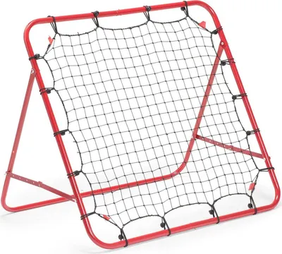 A red rebounder training device with a black net is shown against a white background.