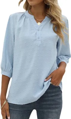 Produktbild von ASKSA Damen Swiss Dot Bluse 3/4 Ärmel Sommer Elegant T-Shirt V-Ausschnitt Tunika Einfarbig Chiffon Hemd, Blau, XXL