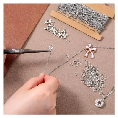 Produktbild von 10 m Edelstahl Gliederkette zum Selbermachen mit 20 Karabinerverschlüssen und 30 Biegeringen für Schmuckherstellung DIY Handwerk