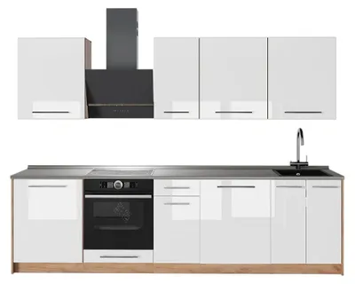 Zdjęcie produktu dla Zabudowa kuchenna Vicco Fame-Line Biały wysoki połysk/Dąb goldkraft 280 cm, BP Marmur, Model 64210