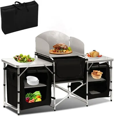 Produktbild von Campingküche, Campingschrank mit Aluminiumgestell, Klappbarer Camping Küche mit hitzebeständiger Arbeitsplatte, höhenverstellbar, für Camping und Outdoor