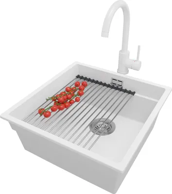 Produktbild von PRIMAGRAN Unterbauspüle Granit Weiß 46x47cm, Spülbecken 1 Becken + Ablauf-Set + Küchenzubehörset, Granitspüle ab 50er Unterschrank - Praga