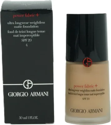 A box and a bottle of Giorgio Armani Power Fabric+ foundation are shown side-by-side against a white background.