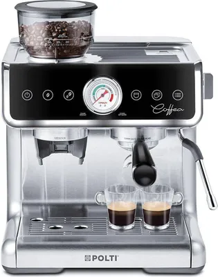 Immagine prodotto di Macchina per caffè espresso Polti Coffea G50S con portafiltro (15 bar, 1600 watt, barista, pannello a sfioramento, manometro in acciaio inox, 30 macine, serbatoio dell'acqua da 2,8 litri, doppio erogatore), colore: argento