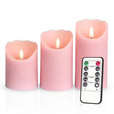 Produktbild von Meisterhome® 3er-Set Flammenlose LED Kerzen mit Timer Hellrosa Stumpenkerze Fernbedienung Batteriebetrieben Warmweiß echten Wachs Dekoration