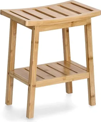A wooden stool with a shelf, shown from a front-side angle against a white background.