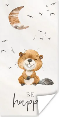 Produktbild von MuchoWow® Poster Zitate - Glücklich sein - Kinder - Mond - Biber - Aquarell 80x160 cm - Kinderzimmer