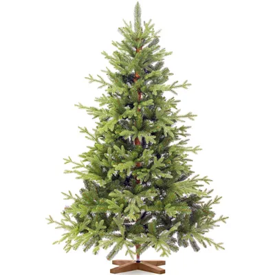 A full shot of an artificial Christmas tree on a white background.