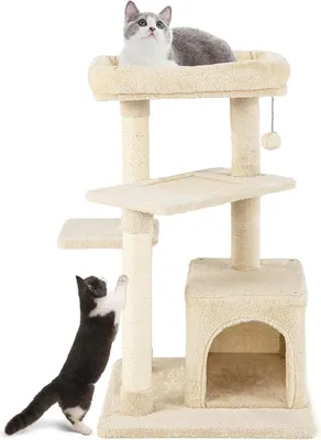 Produktbild von GOPLUS Katzenbaum, Mehrstöckiges Kratzbaum mit Katzenhöhle, Hängespielzeug, Kratz-Sisalpfosten, weicher Sitzfläche, Beige