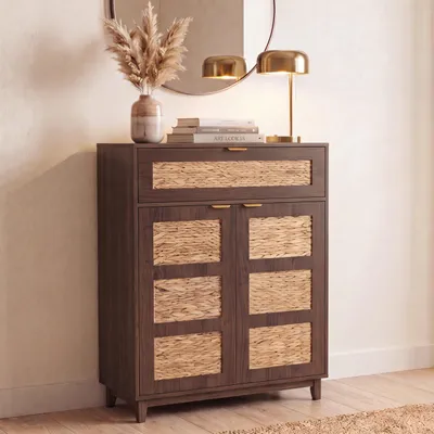 Produktbild von Kommode HWC-P54, Schrank Sideboard Highboard, MDF Melamin Wasserhyazinthefront 115x80x35cm Walnuss-Optik