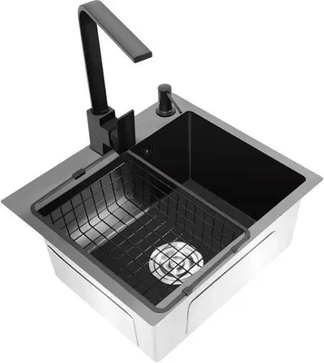 Productafbeelding van Zwarte roestvrijstalen keukensproeiset, inbouwmodel, inclusief kraan en afdruipbak - 40x45 cm